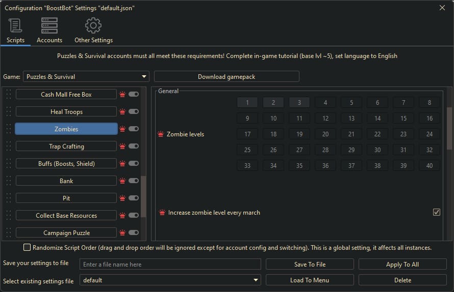Puzzles and Survivors Bot Settings 1