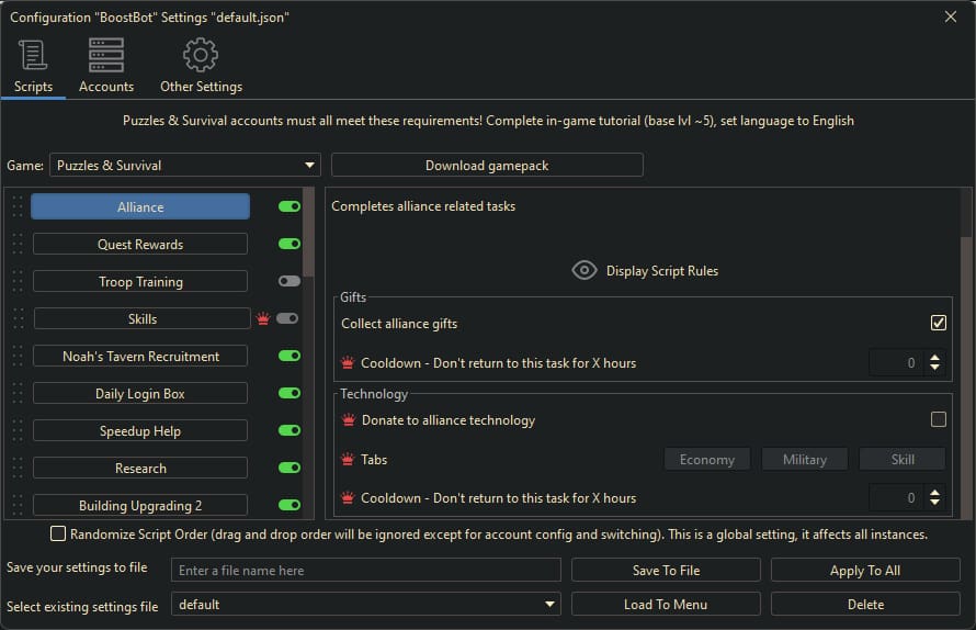 Puzzles and Survivors Bot Settings 2