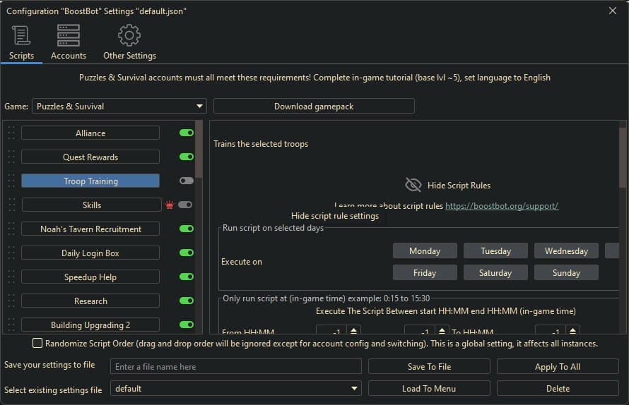 Puzzles and Survivors Bot Settings 3