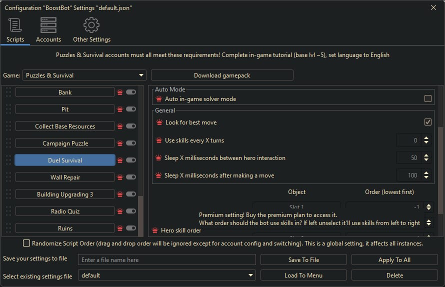 Puzzles and Survivors Bot Settings 4