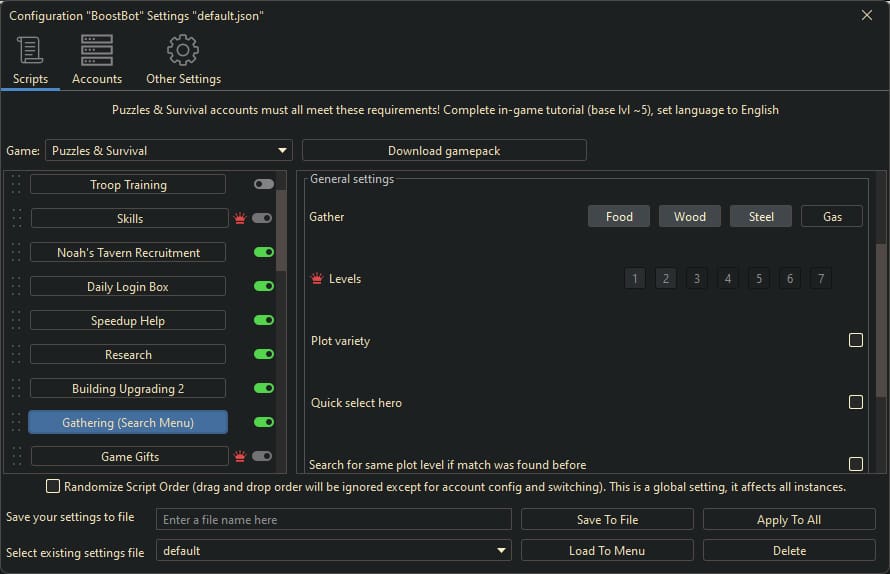 Puzzles and Survivors Bot Settings 5