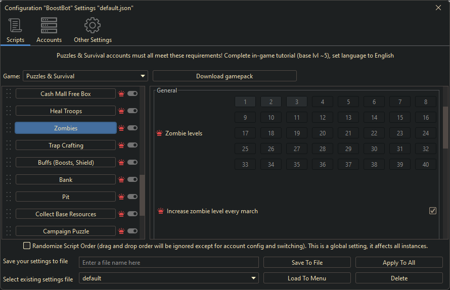 Puzzles And Survivors Bot Settings 1