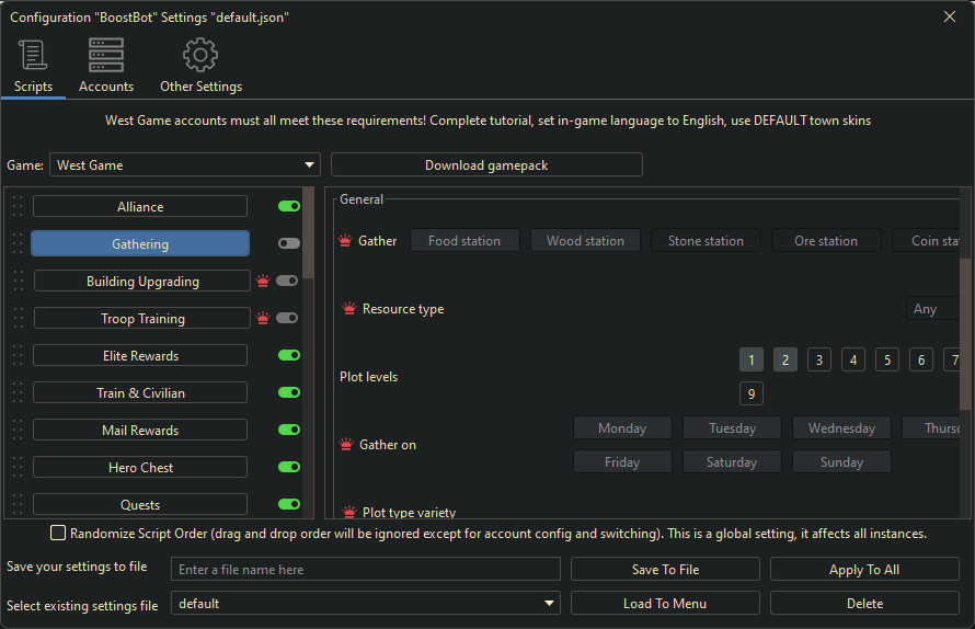West Game Bot Settings 1