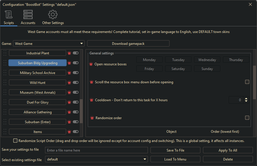 West Game Bot Settings 2