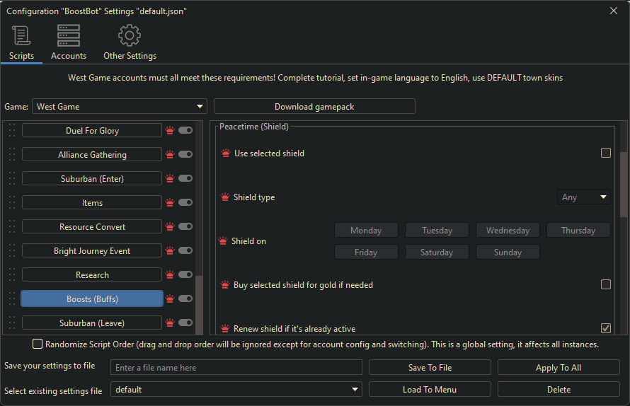 West Game Bot Settings 3