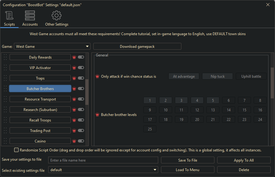 West Game Bot Settings 4